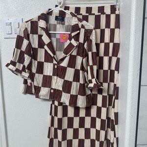 Dressed in Lala Brown and Cream Checkered Two-Piece Set size Small